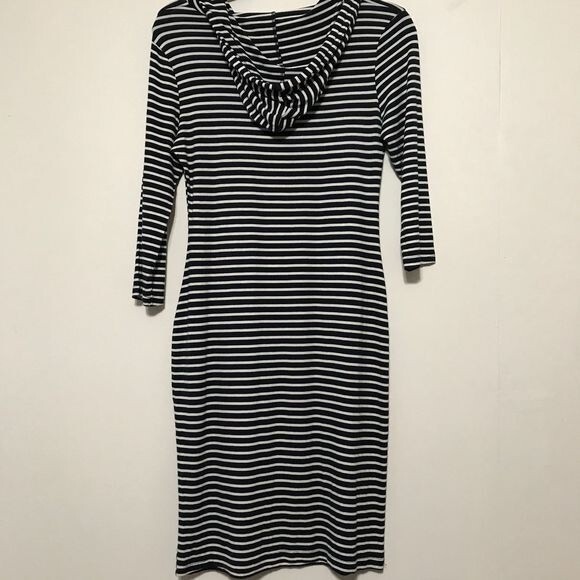 Oboe Navy Blue striped Long Sleeve Hood Stripe Bodycon Dress size M boho beach - Picture 2 of 8
